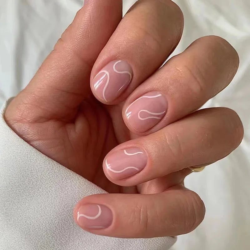 Short Square Delicate White Swirl Nails — Classy Swirl Nails