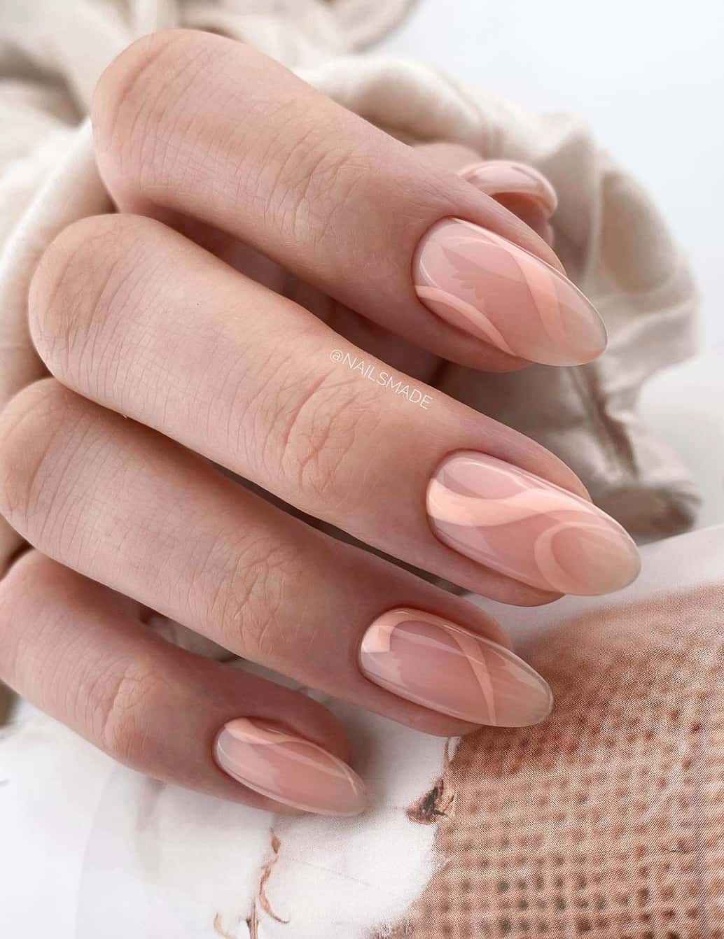 Short Almond White Abstract Swirls — Classy Swirl Nails