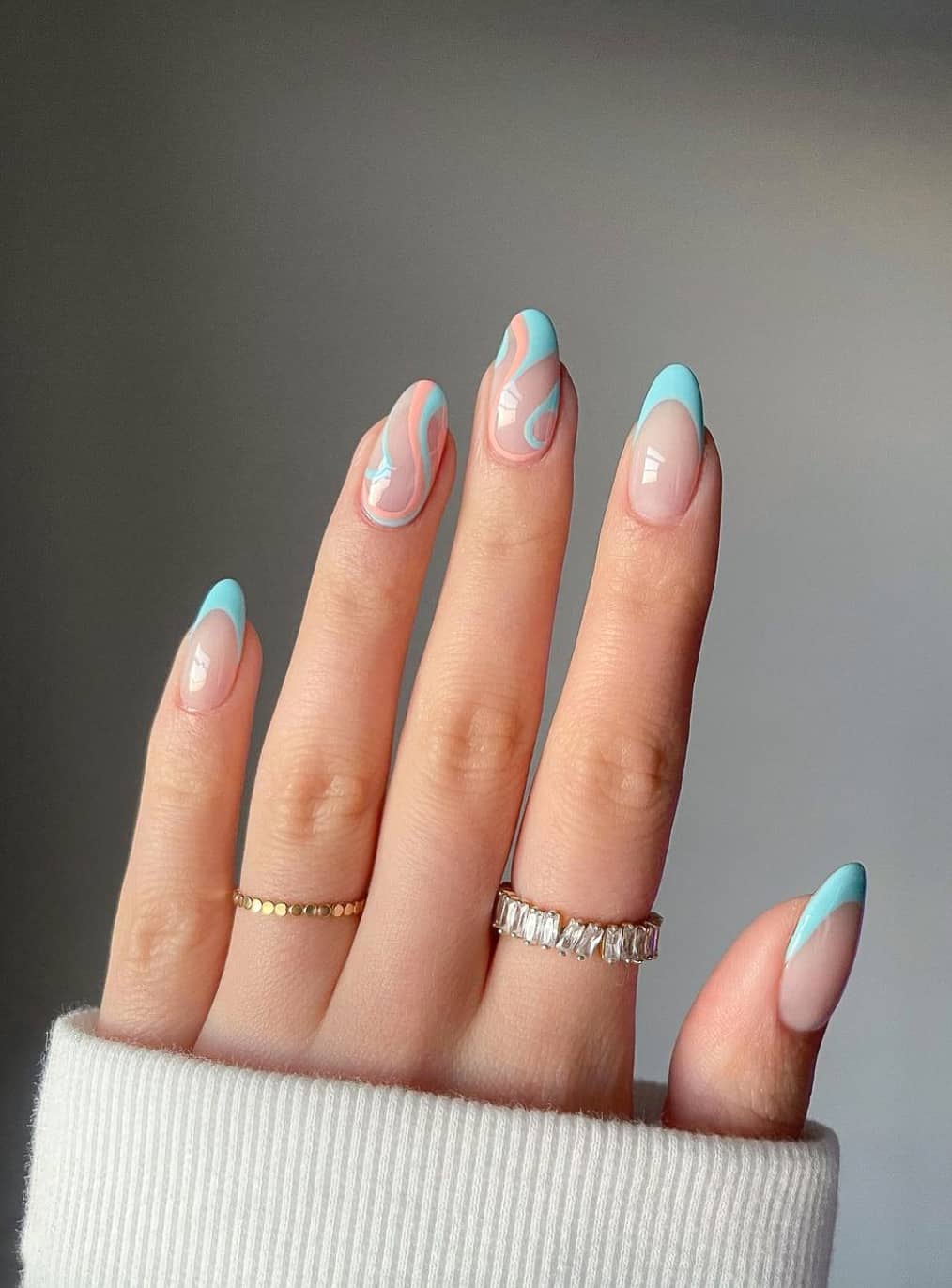 Short Almond Glossy White Swirls, Sheer Nude Base — Classy Swirl Nails