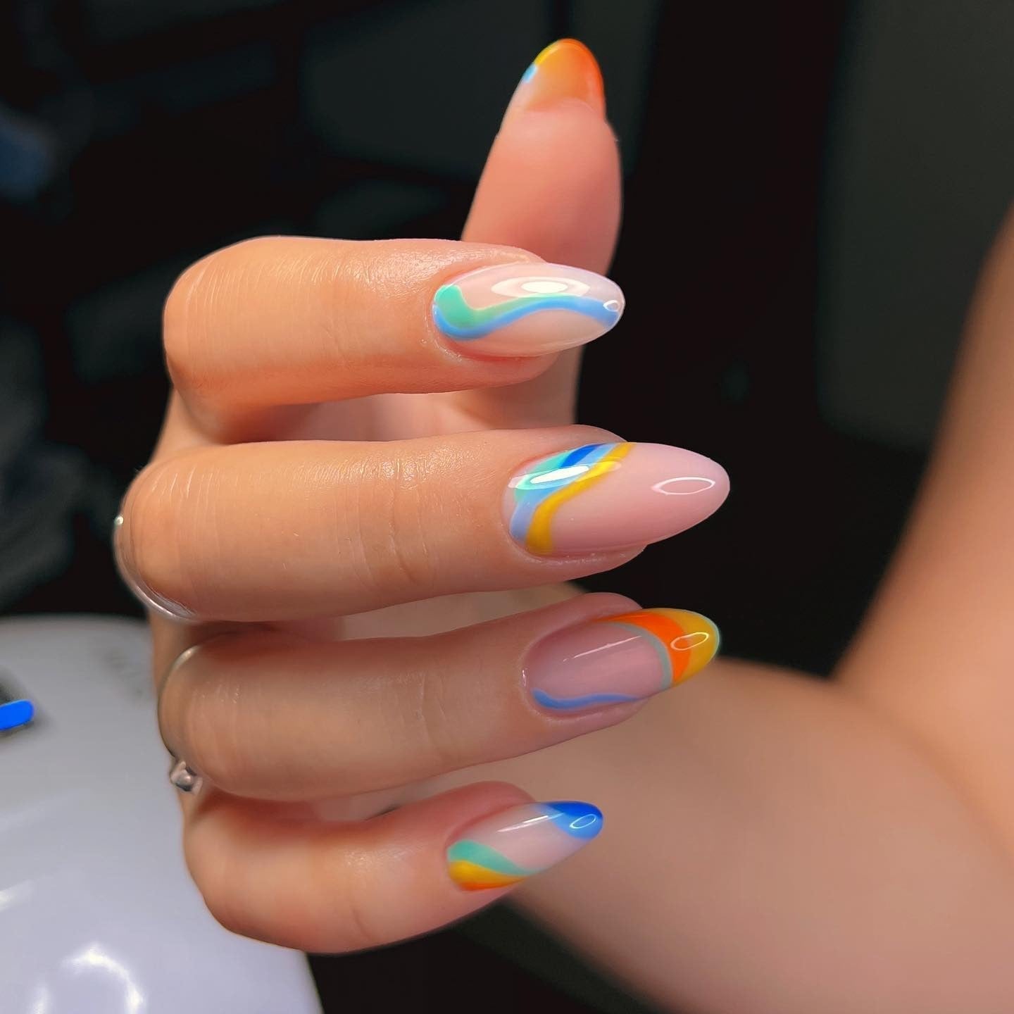 Short Almond Rainbow Swirl Nails — Classy Swirl Nails