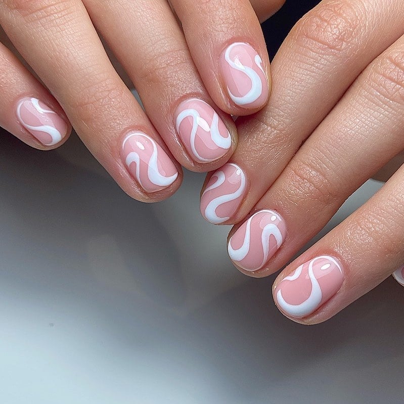 Short Oval Pink and White Swirl Nails — Classy Swirl Nails