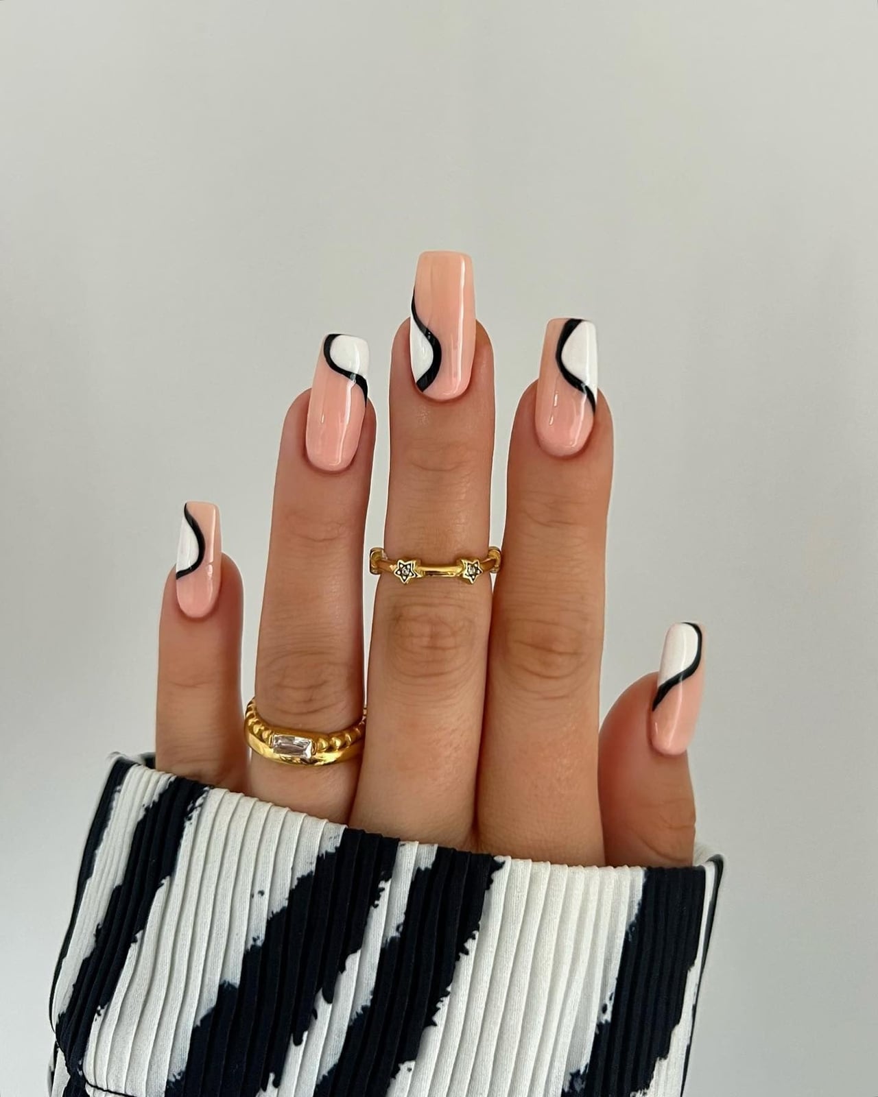 Short Square Graphic Black and White Swirls — Classy Swirl Nails