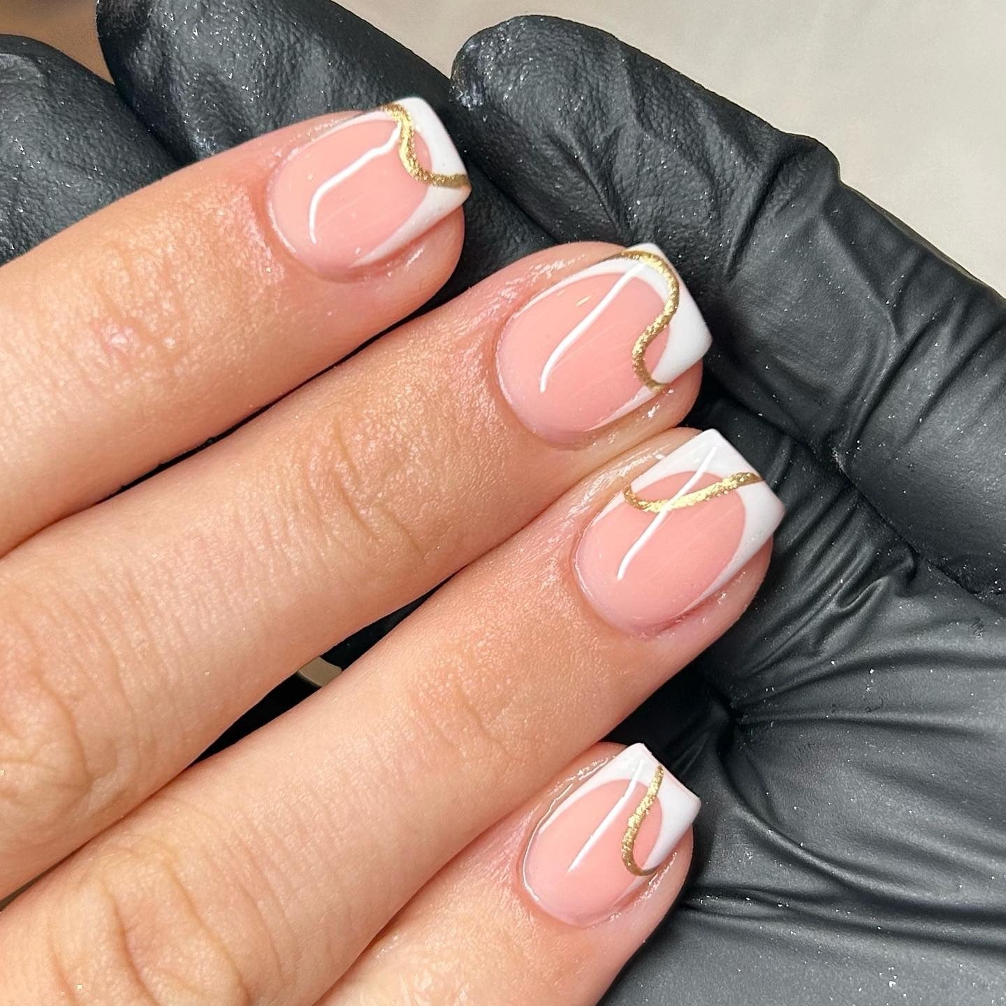 Short Square Pink French Tips Gold Swirls — Classy Swirl Nails
