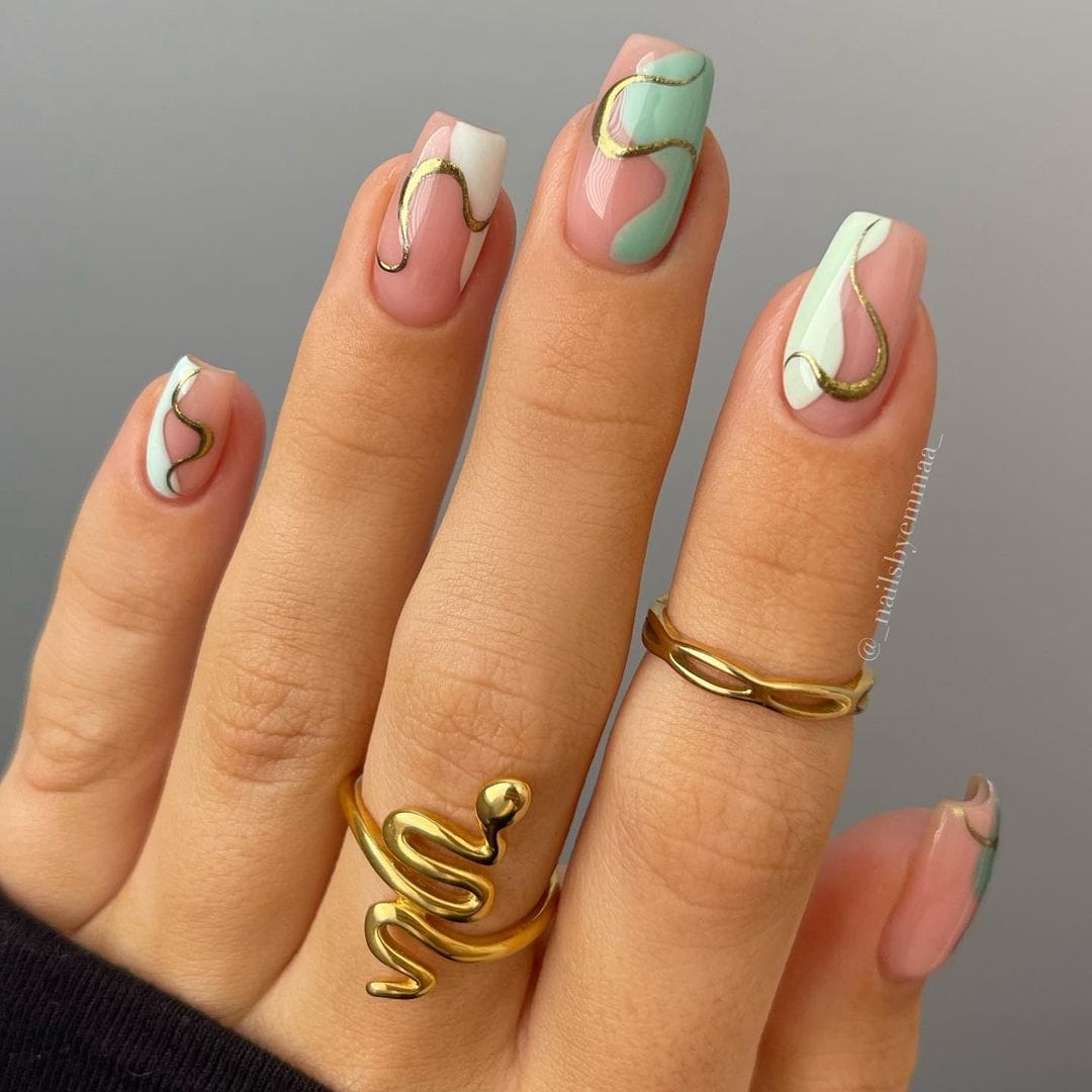 Medium Square Mint Green and Gold Swirl Nails — Classy Swirl Nails