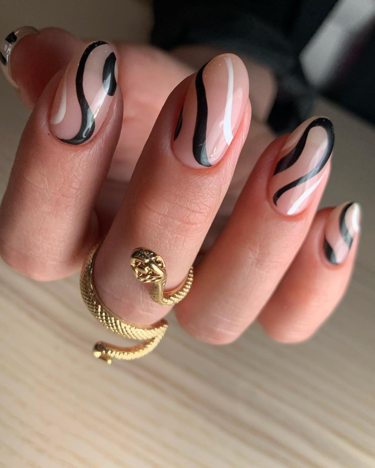 Medium Oval Black and White Swirl Nails — Classy Swirl Nails