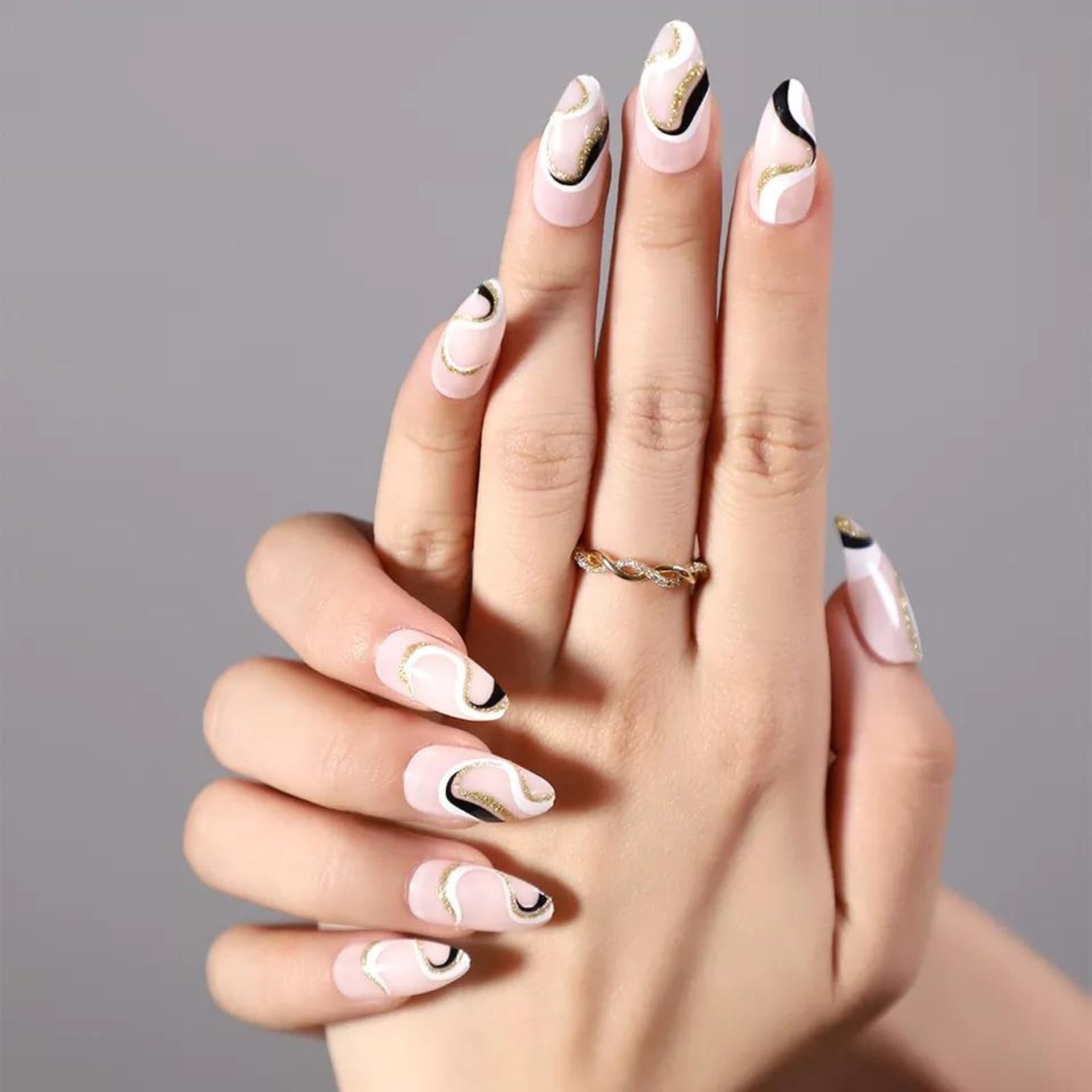 Long Almond Swirls in Pink, White, Black, and Gold — Classy Swirl Nails