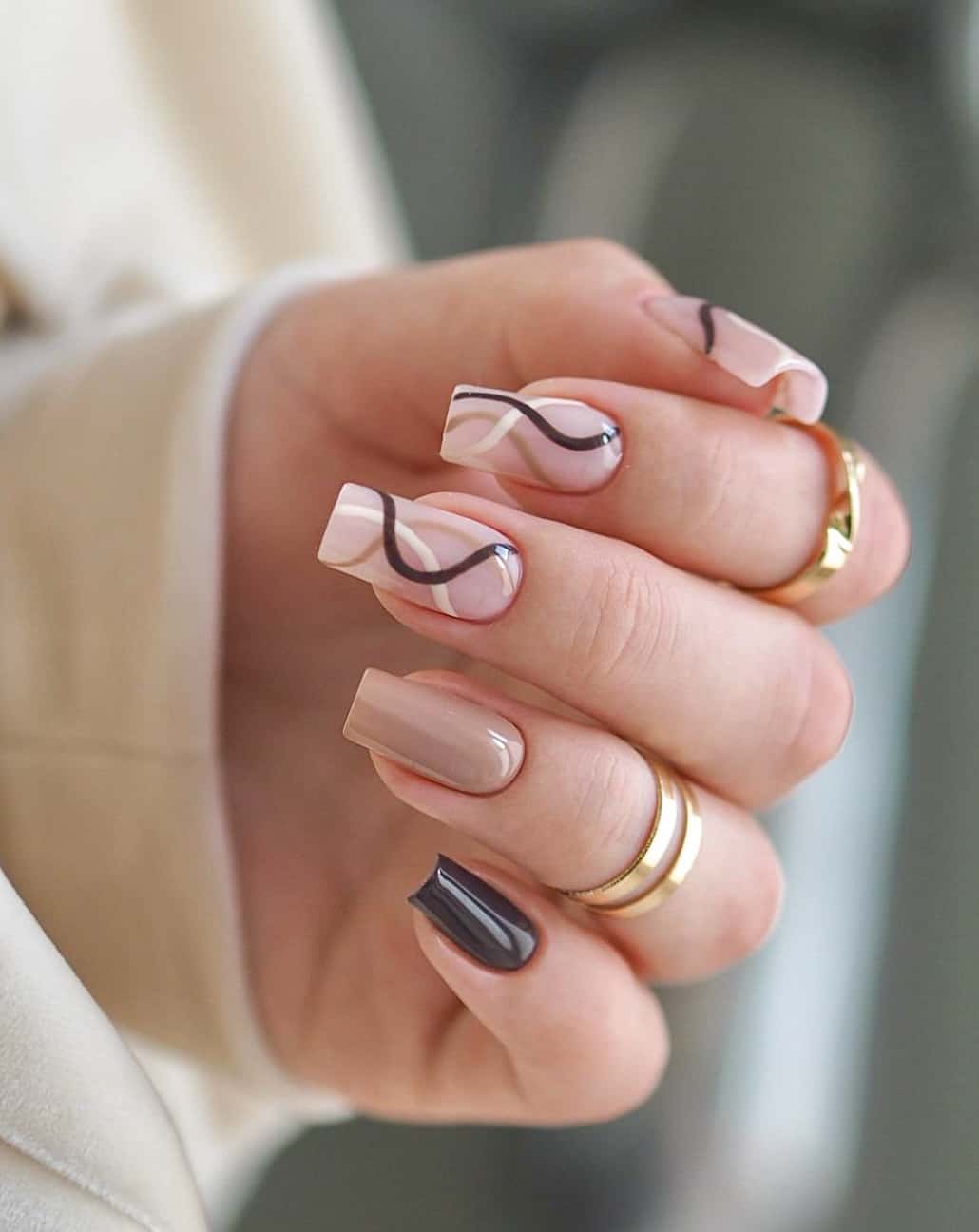 Medium Soft Square Earthy Swirl Nails — Classy Swirl Nails