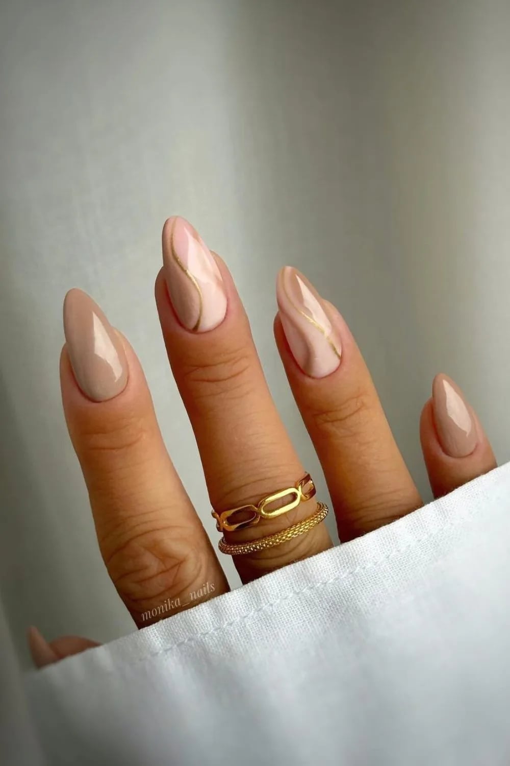 Medium Almond Beige and Pink Gold Line Nails — Classy Swirl Nails