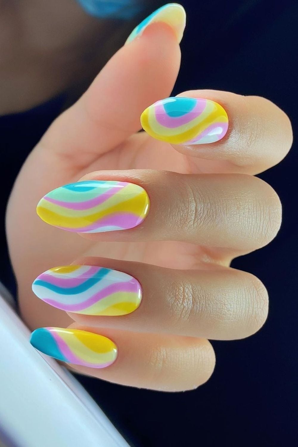 Medium Almond Vibrant Pastel Swirl Nails, Glossy — Classy Swirl Nails