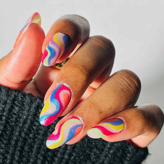 Medium Almond Vibrant Color Swirl Nails — Classy Swirl Nails