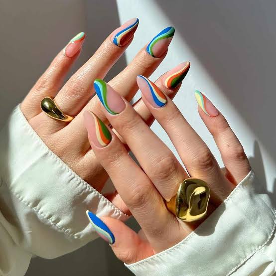Medium Almond Flowing Vibrant Swirl Nails, Nude Base — Classy Swirl Nails