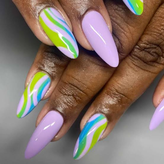 Medium Almond Lavender Lime Green and Blue Swirls — Classy Swirl Nails