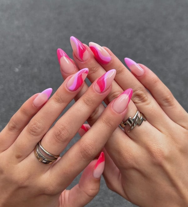 Long Almond Abstract Pink and White Swirl French Tips — Classy Swirl Nails