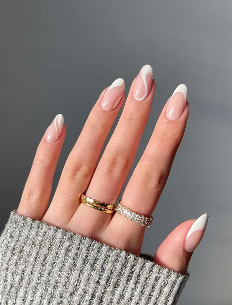 Medium Almond French Swirls in White — Classy Swirl Nails
