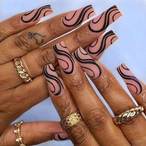 Long Coffin Bold Black Swirl Nails — Classy Swirl Nails