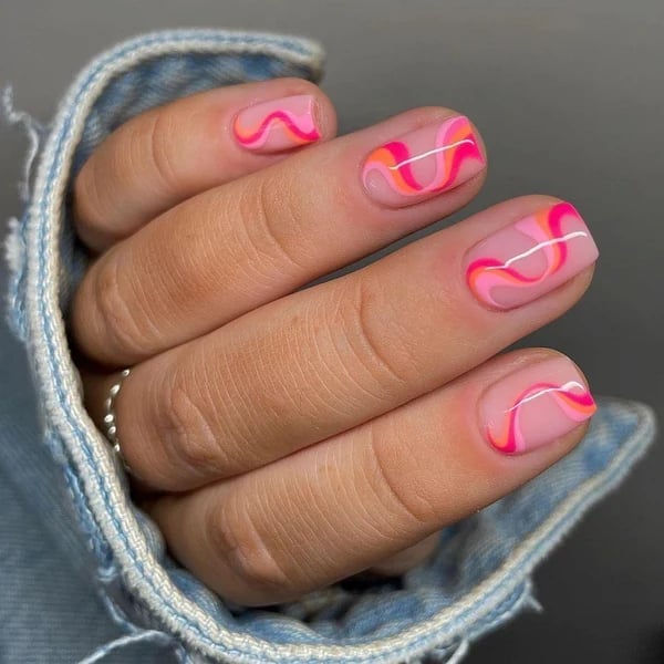 Long Almond Pink White Black Gold Swirls — Classy Swirl Nails