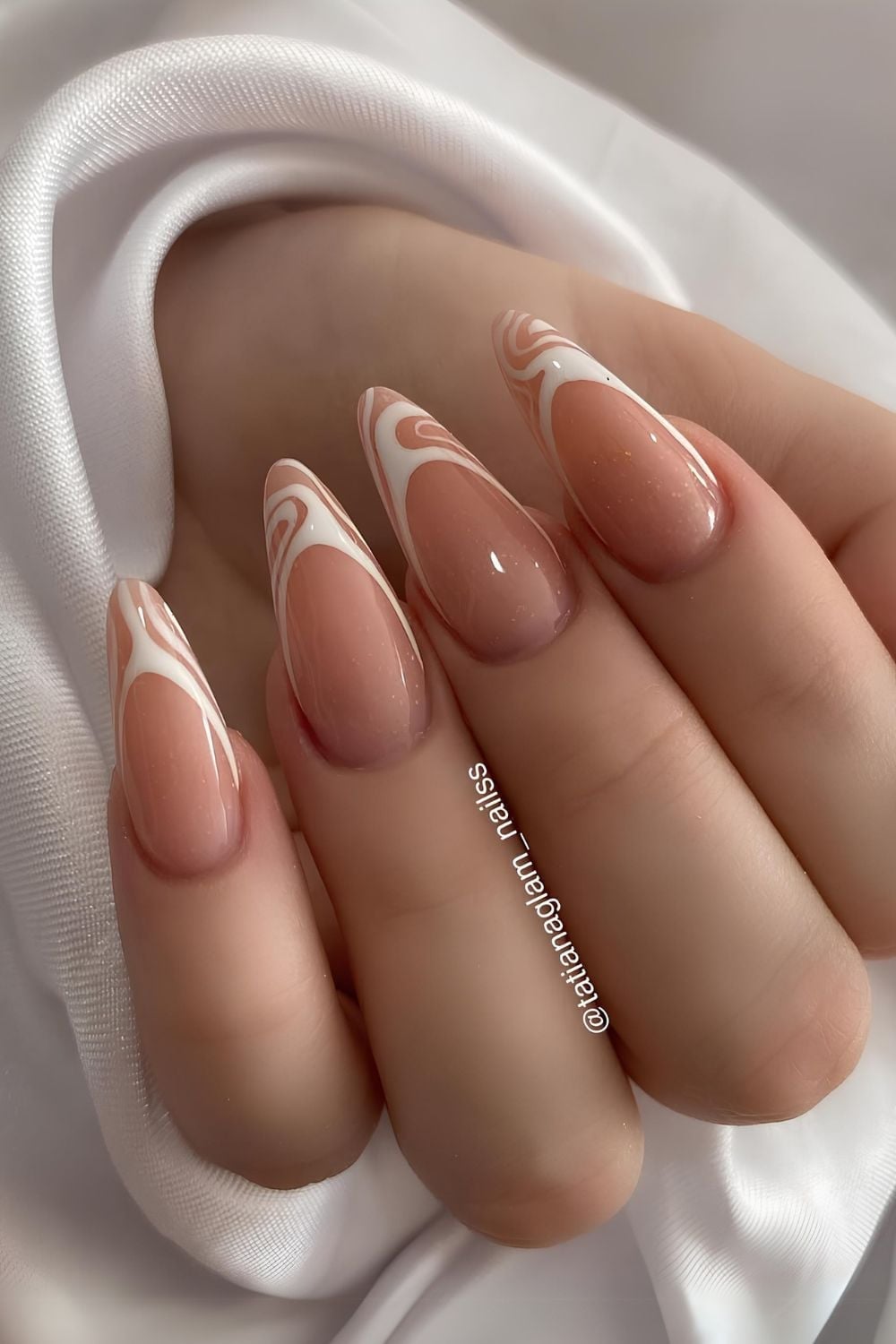 Long Almond Swirl French Tips Nude, Glossy — Classy Swirl Nails