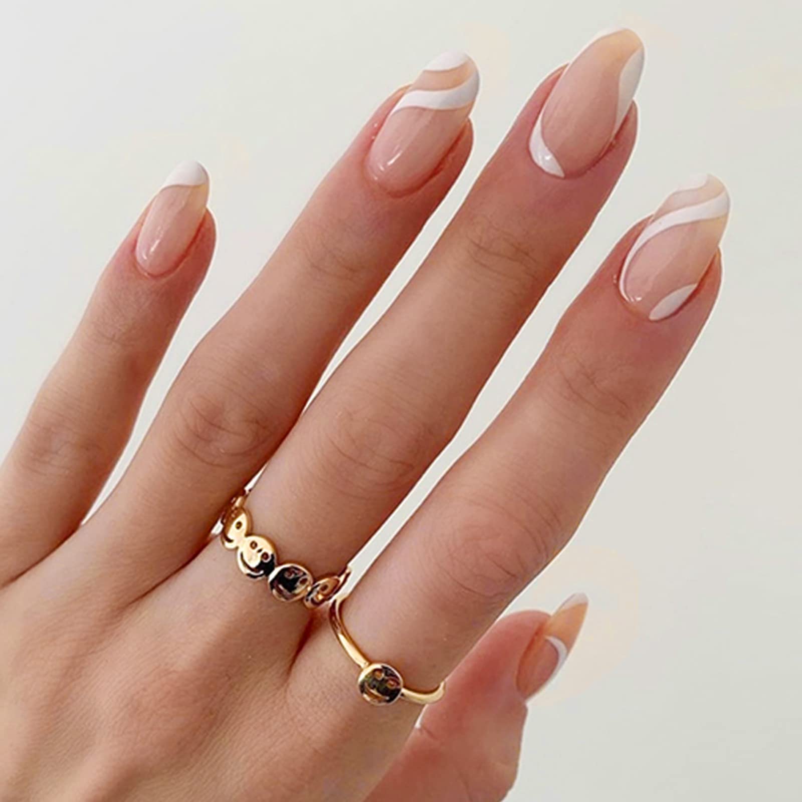 Medium Almond Wavy French Tip Nails — Classy Swirl Nails