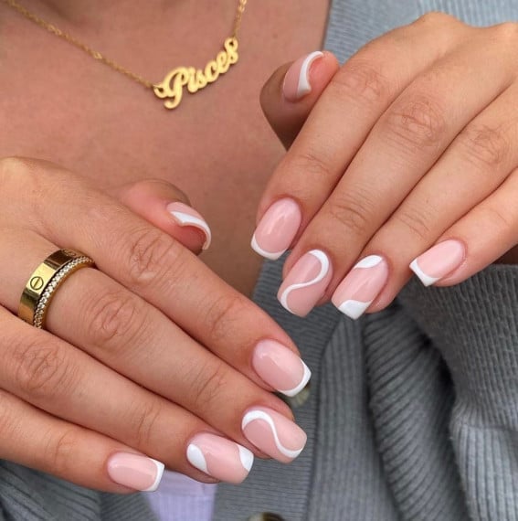 Short Square Pink and White Wavy Swirl Nails — Classy Swirl Nails