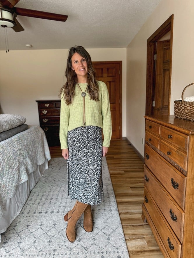 Cropped Knit Sweater With Floral Midi Skirt — Classy Teacher Outfits Elementary