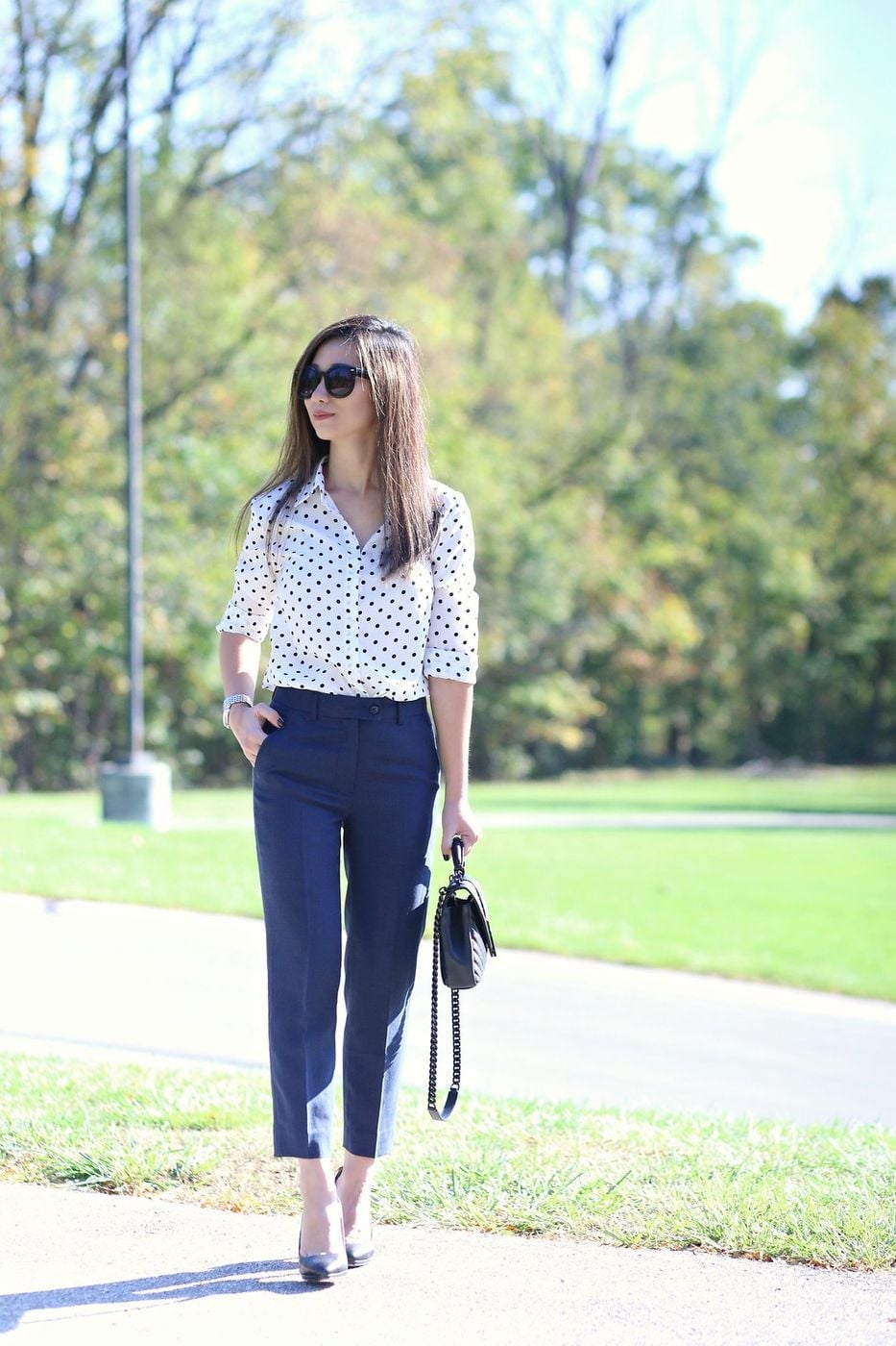 Polka Dot Blouse With Straight Leg Trousers — Classy Teacher Outfits Elementary