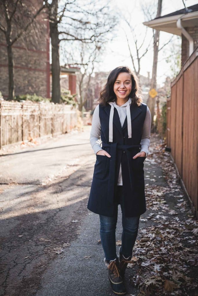 Long Navy Vest Over Hoodie And Jeans — Classy Teacher Outfits Elementary