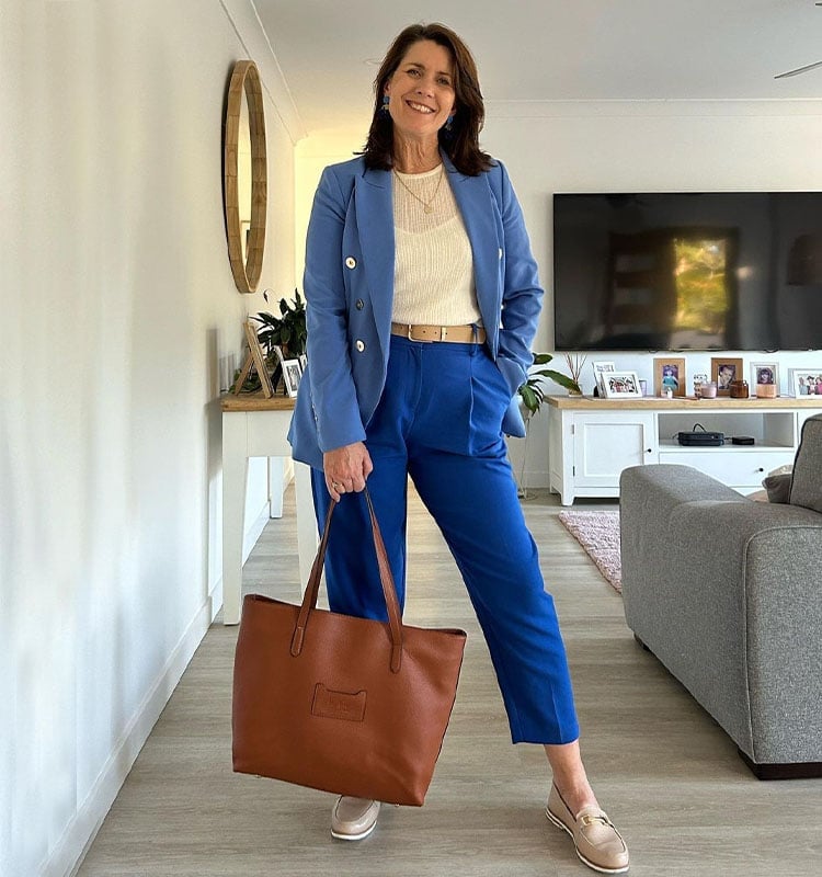 Blue Double-Breasted Blazer With Cream Top — Classy Teacher Outfits Elementary