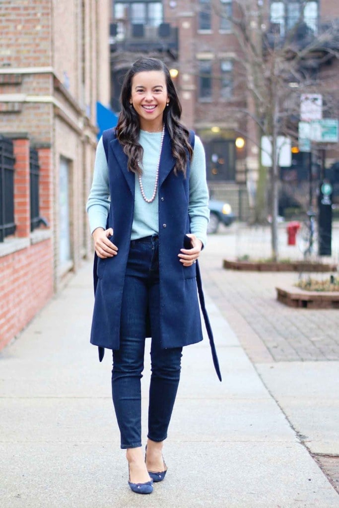 Long Navy Vest Over Crewneck Sweater — Classy Teacher Outfits Elementary