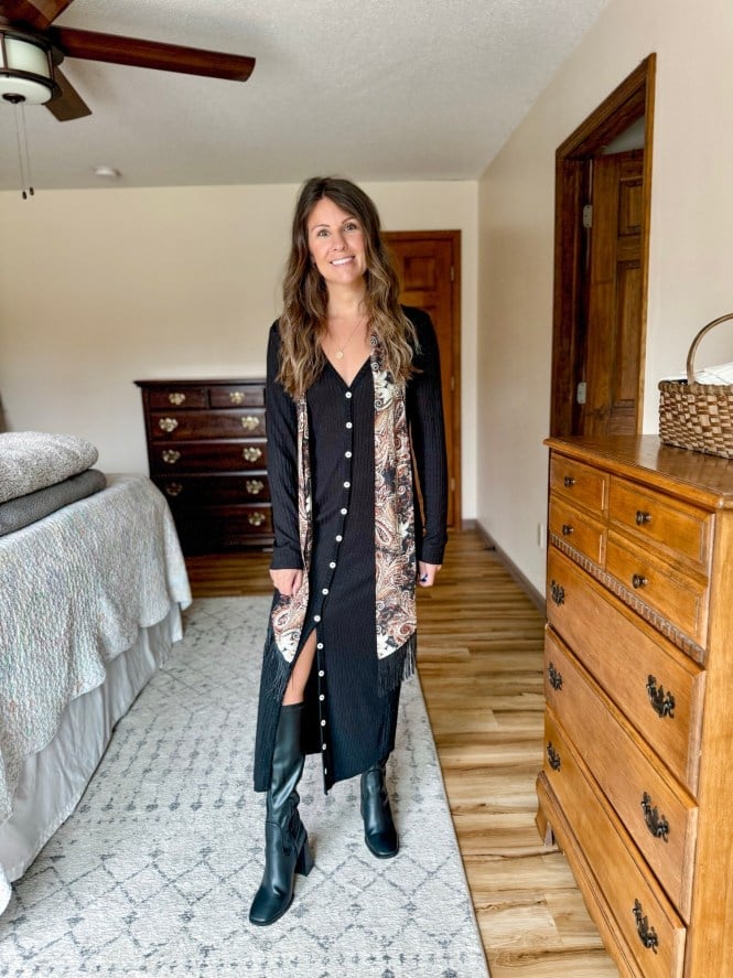 Button-Down Midi Dress With Patterned Scarf — Classy Teacher Outfits Elementary
