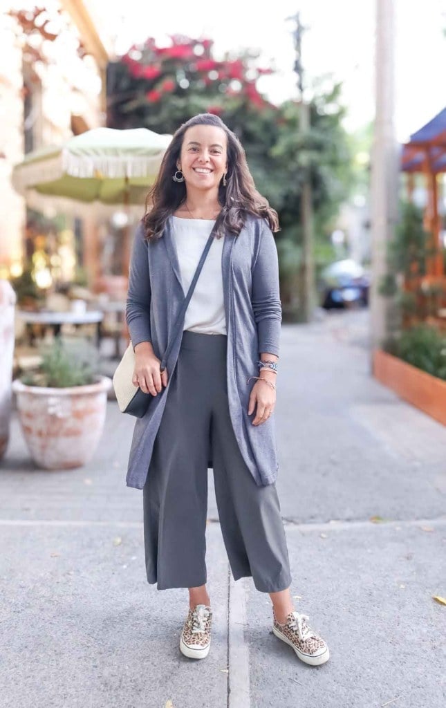 Gray Long Cardigan Over White Top With Culottes — Classy Teacher Outfits Elementary