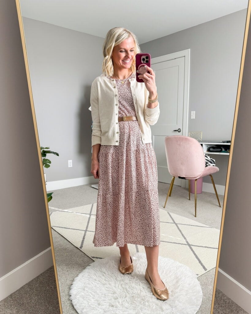 Floral Midi Dress With Ivory Cardigan — Classy Teacher Outfits Elementary