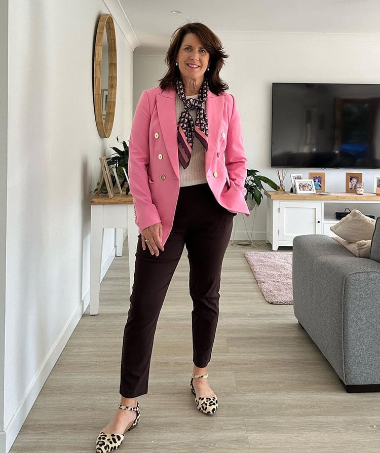 Pink Blazer With Cream Sweater And Brown Trousers — Classy Teacher Outfits Elementary