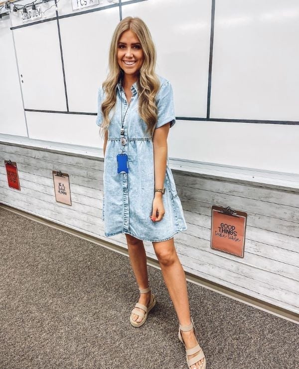 Denim Shirt Dress With Espadrille Wedges — Classy Teacher Outfits Elementary