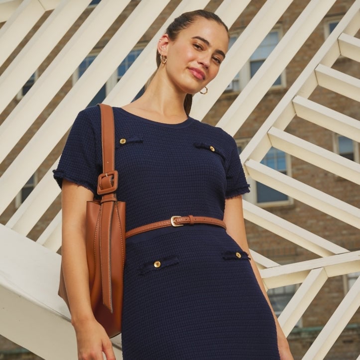 Navy Textured Knit Dress With Gold Buttons — Classy Teacher Outfits Elementary