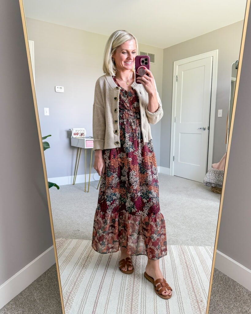 Floral Midi Dress With Beige Cardigan and Brown Slide Sandals — Classy Teacher Outfits Elementary