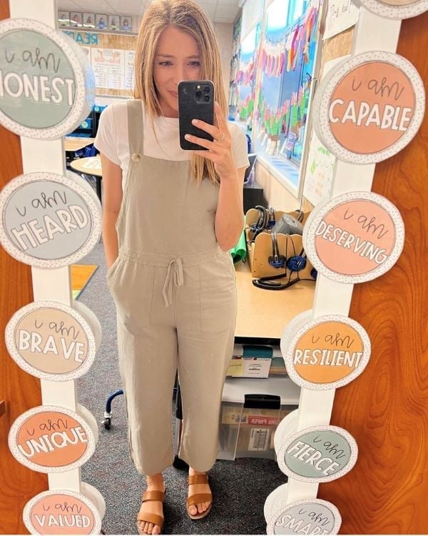 White T-Shirt Under Linen-Like Overalls — Classy Teacher Outfits Elementary