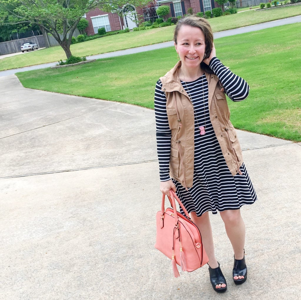 Striped Fit and Flare Dress With Utility Vest — Classy Teacher Outfits Elementary