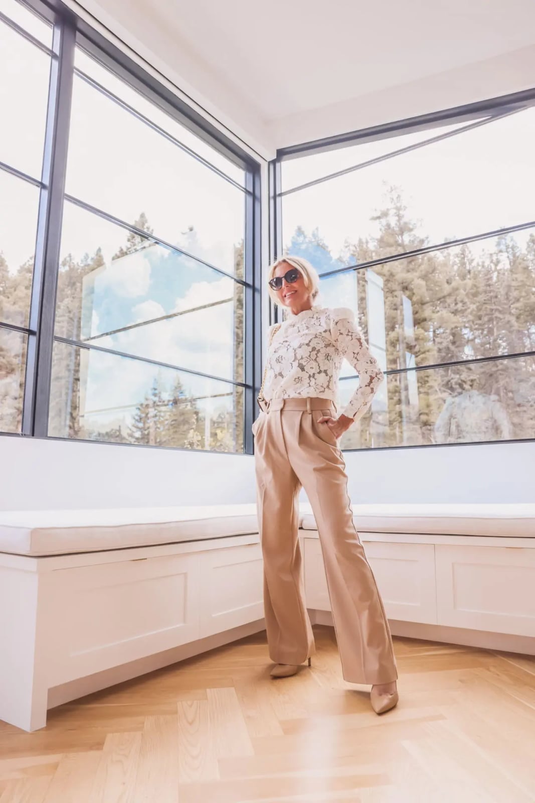 Lace Mock Neck Top With Wide Leg Trousers — Classy Teacher Outfits Elementary