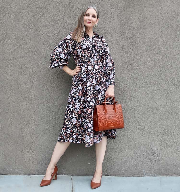 Floral Print Midi Dress With Structured Handbag — Classy Teacher Outfits Elementary