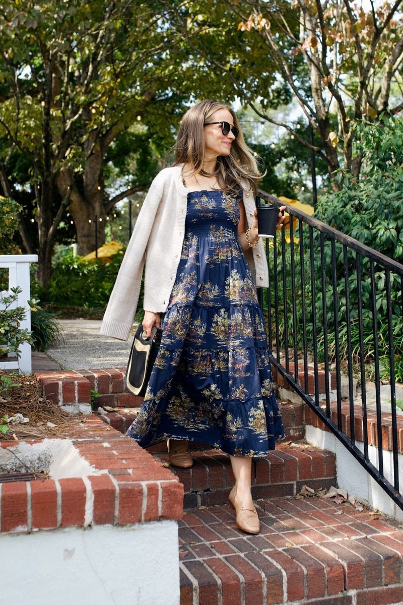Tiered Midi Dress With Cream Cardigan — Classy Teacher Outfits Elementary