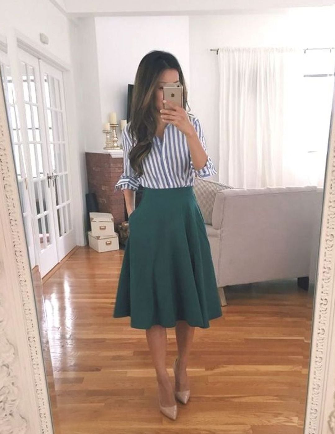 Striped Button-Down With A-Line Midi Skirt — Classy Teacher Outfits Elementary