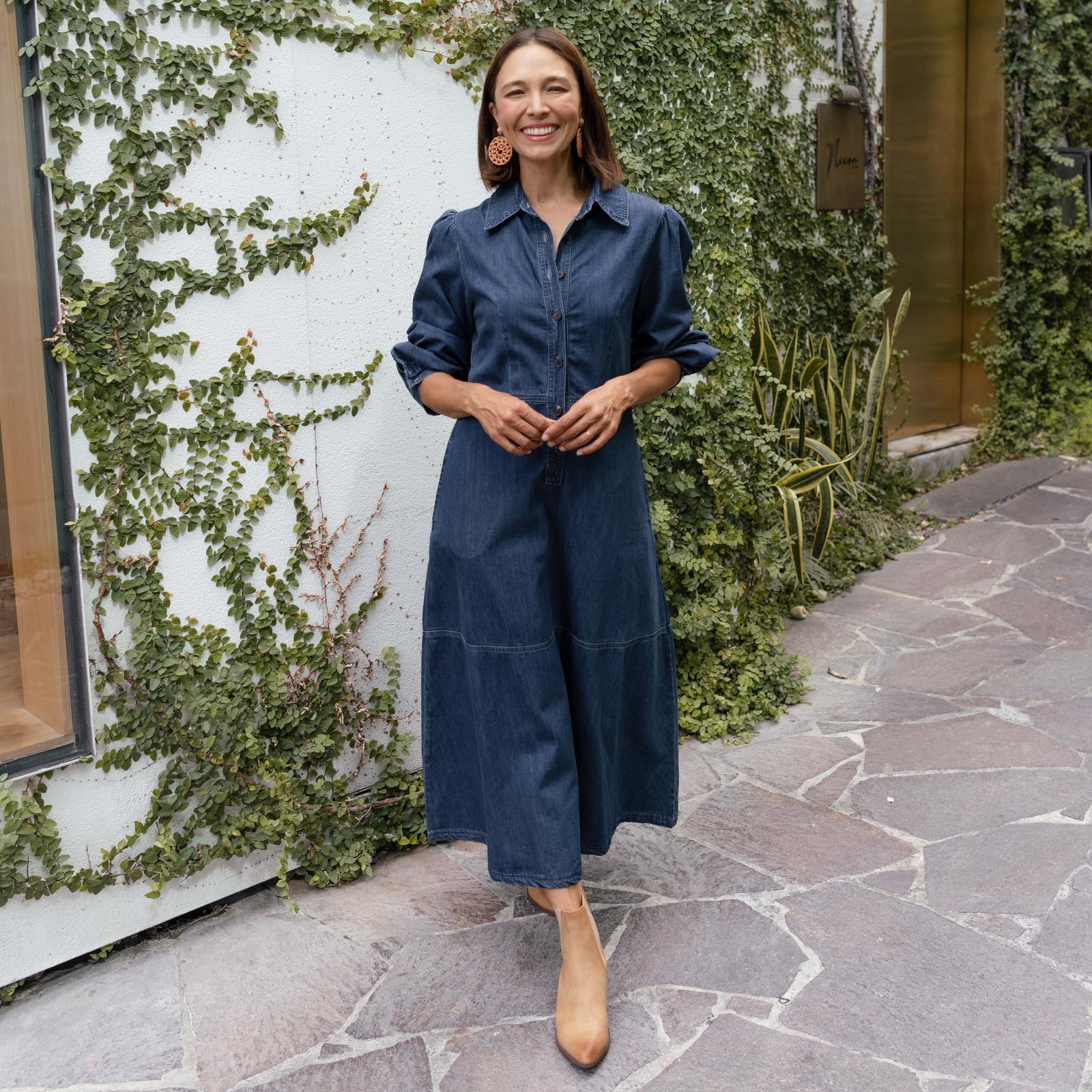 Dark Blue Denim Midi Dress With Ankle Boots — Classy Teacher Outfits Elementary