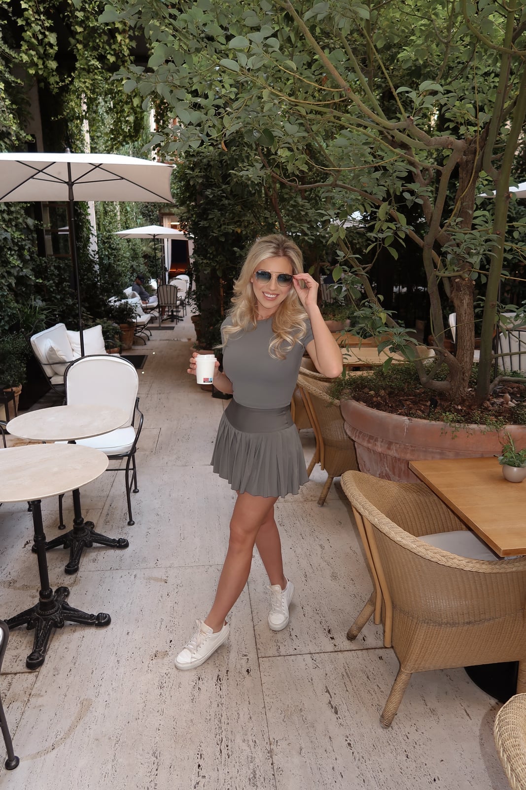 Gray Pleated Tennis Skirt With Fitted Top, White Sneakers Gray Pleated Tennis Skirt With Fitted Top, White Sneakers — Classy Tennis Skirt Outfits