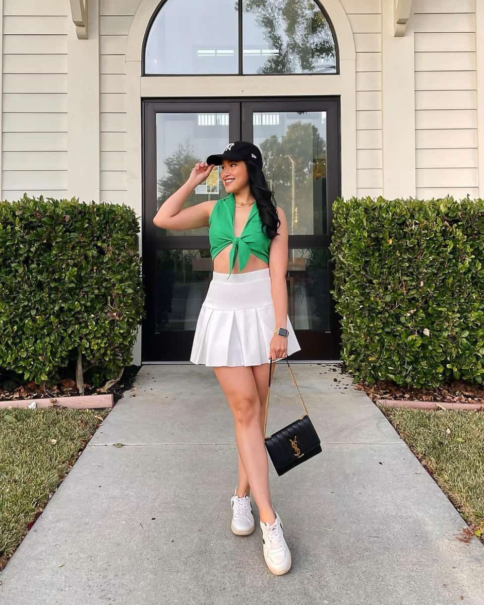 White Pleated Tennis Skirt With Green Tie-Front Top White Pleated Tennis Skirt With Green Tie-Front Top — Classy Tennis Skirt Outfits