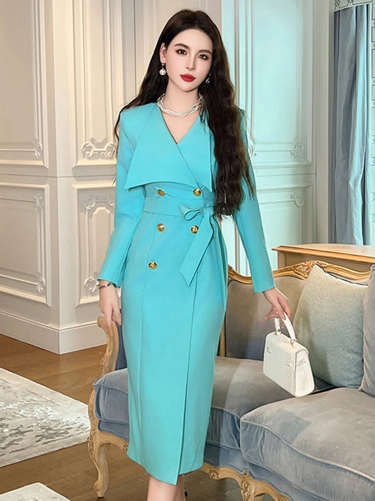 Bright Turquoise Double-Breasted Dress with Attached Belt Bright Turquoise Double-Breasted Dress with Attached Belt — Classy Turquoise Dress
