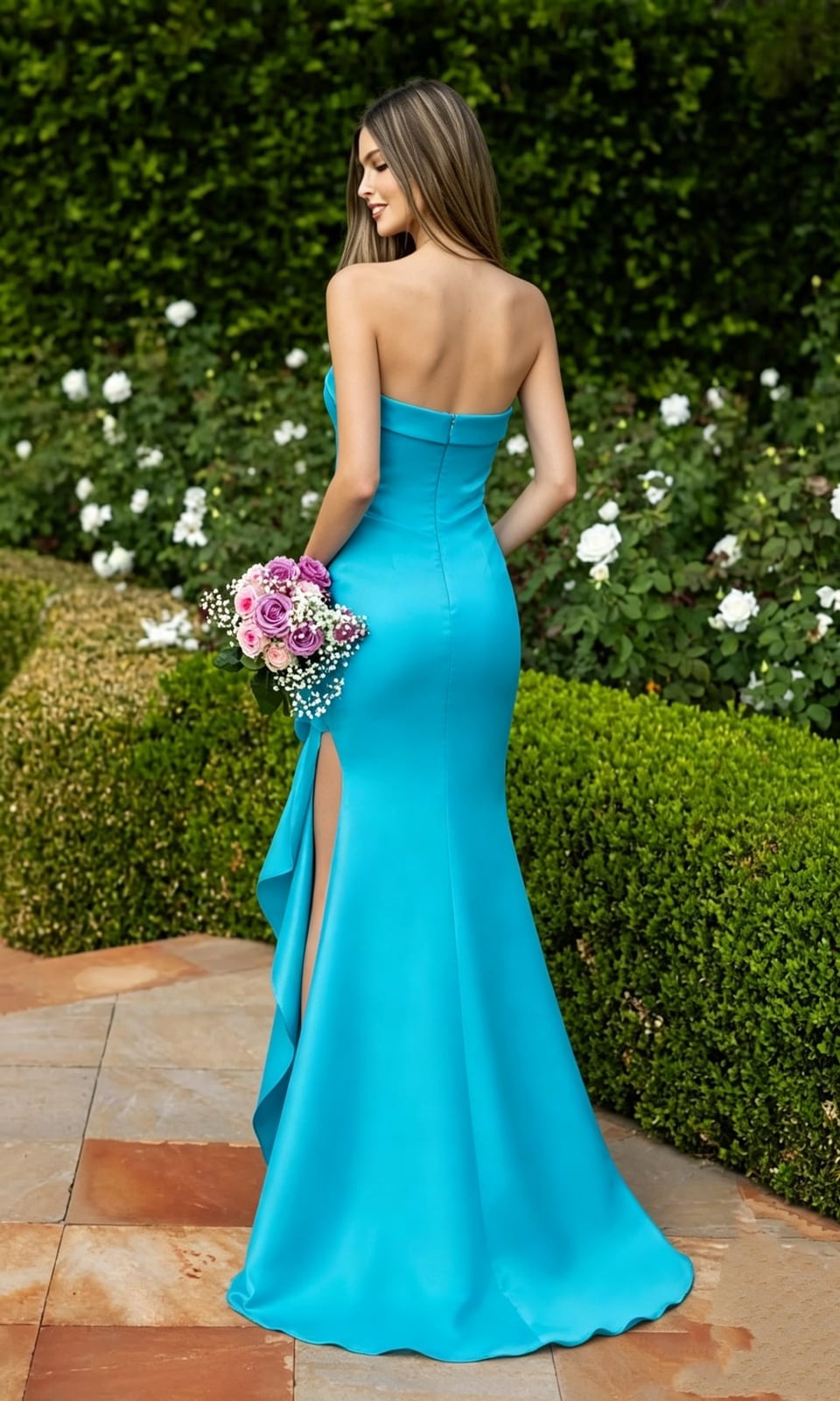 Bright Turquoise Satin Dress with Ruffle Detail on Slit Bright Turquoise Satin Dress with Ruffle Detail on Slit — Classy Turquoise Dress