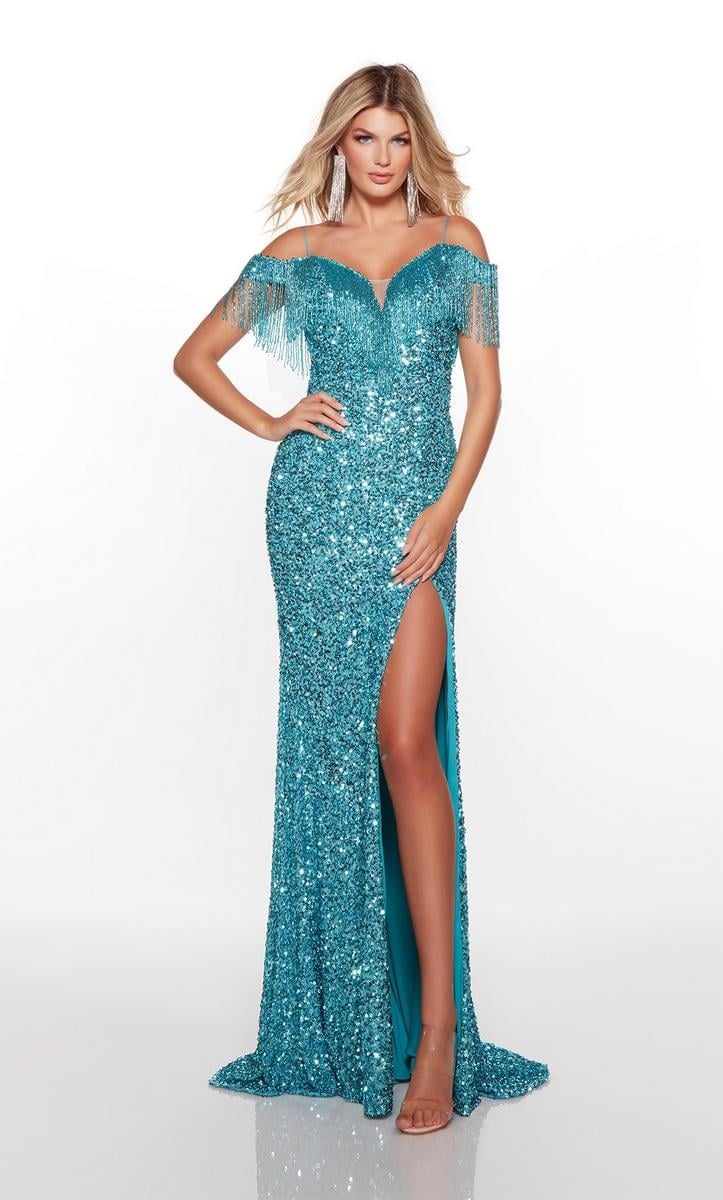 Deep Turquoise Sequined Prom Dress with Off-The-Shoulder Neckline Deep Turquoise Sequined Prom Dress with Off-The-Shoulder Neckline — Classy Turquoise Dress