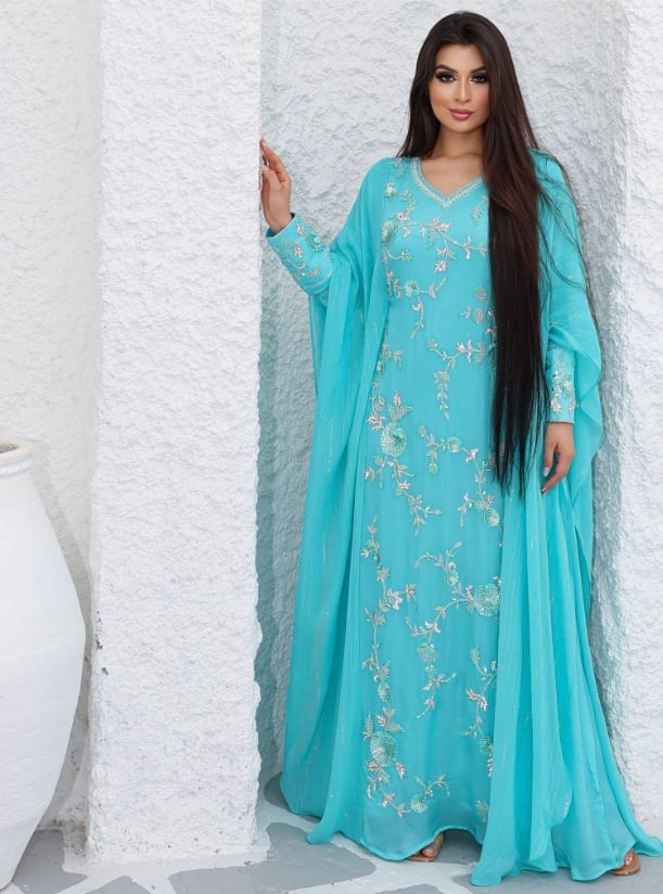 Turquoise Kaftan-Style Dress with Gold Embroidery Turquoise Kaftan-Style Dress with Gold Embroidery — Classy Turquoise Dress