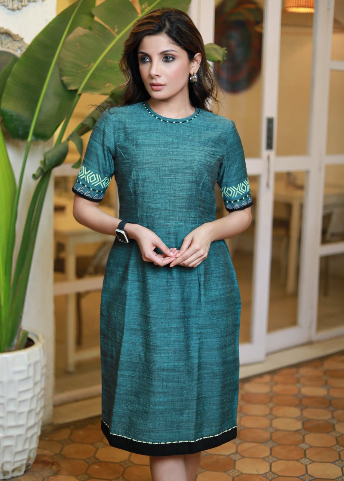 Teal Cotton Sheath Dress with Geometric Trim Teal Cotton Sheath Dress with Geometric Trim — Classy Turquoise Dress