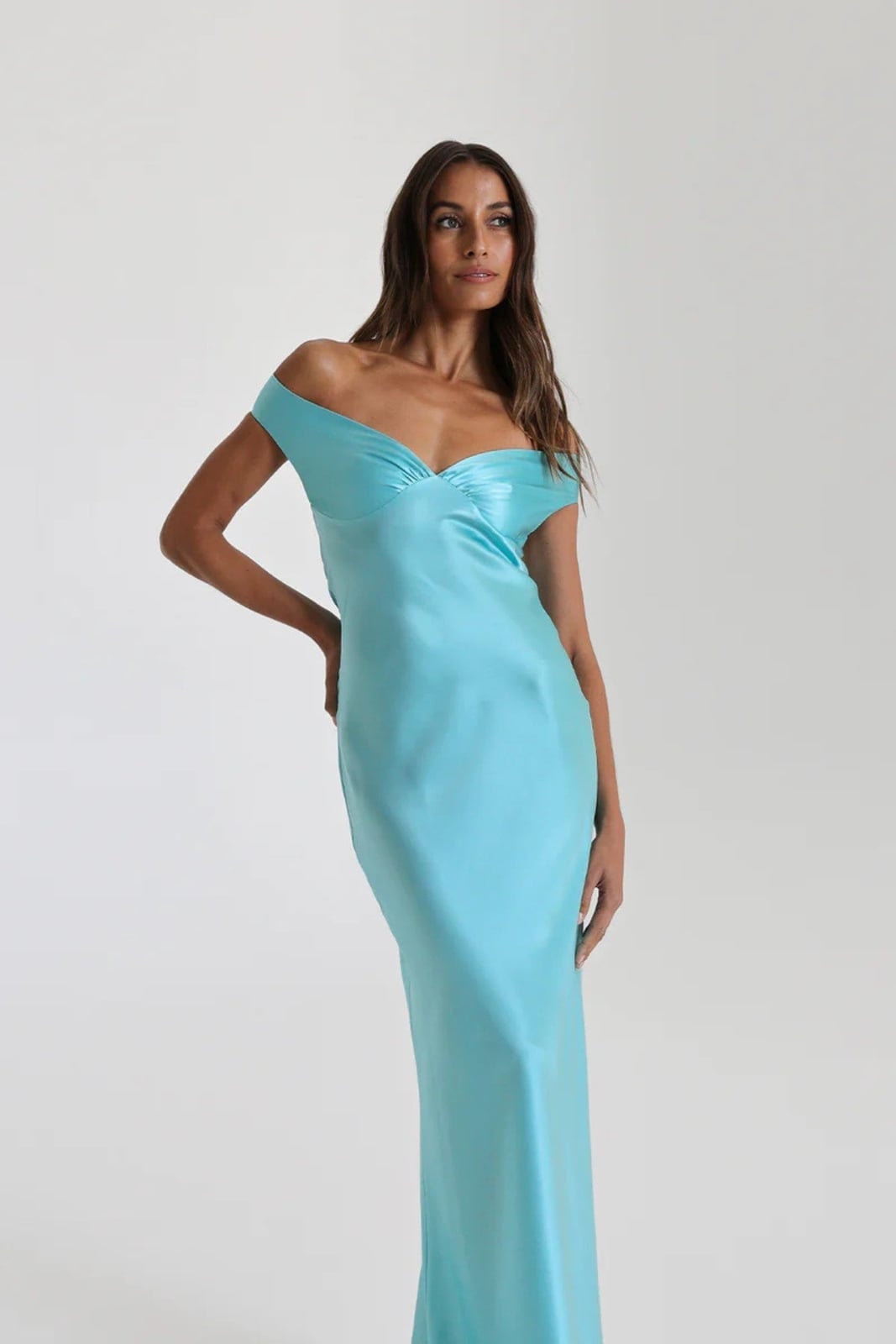 Light Blue Satin Off-The-Shoulder Dress Light Blue Satin Off-The-Shoulder Dress — Classy Turquoise Dress